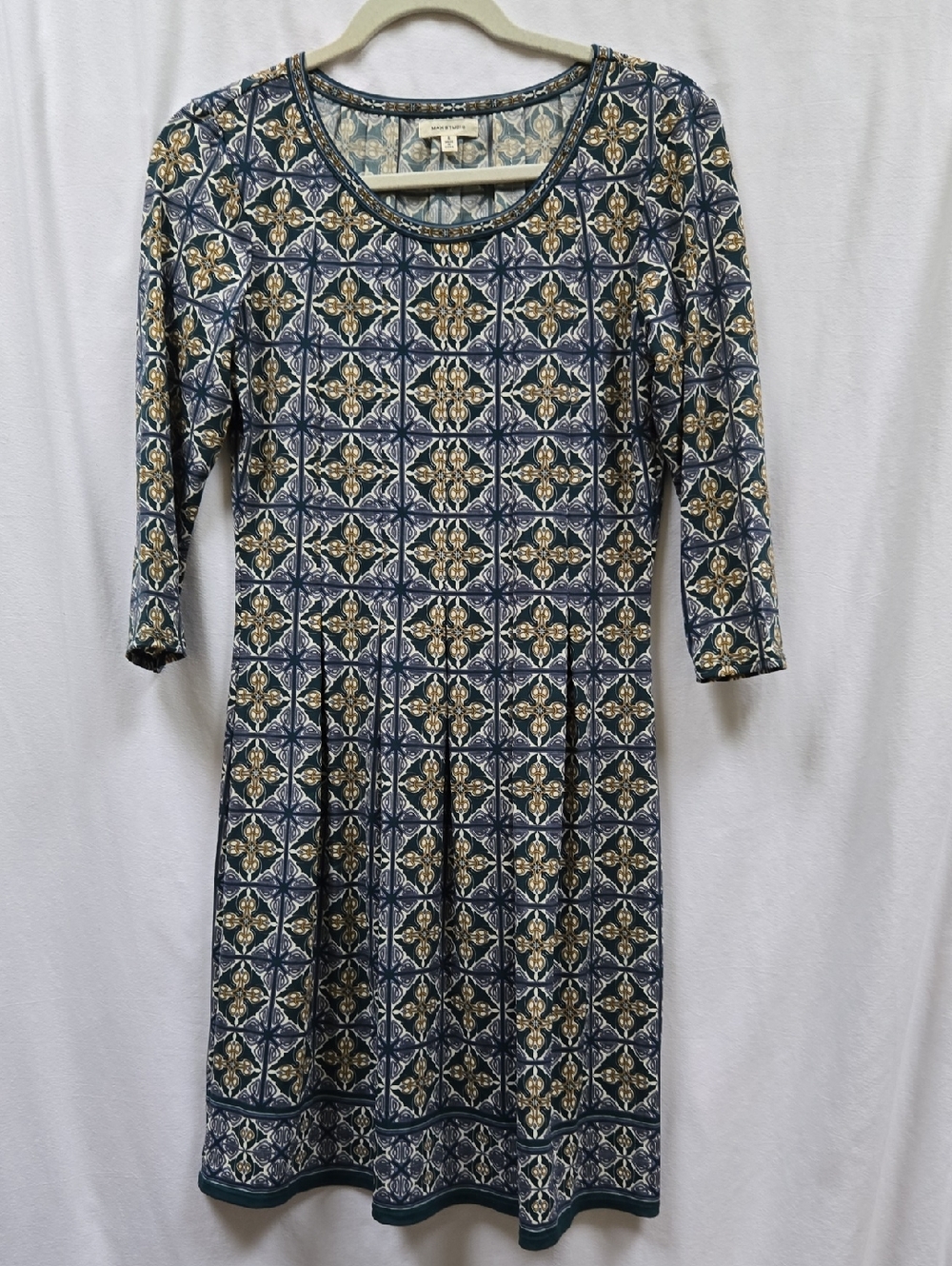 Max Studio Navy and Cream Long Sleeve Patterned Dress